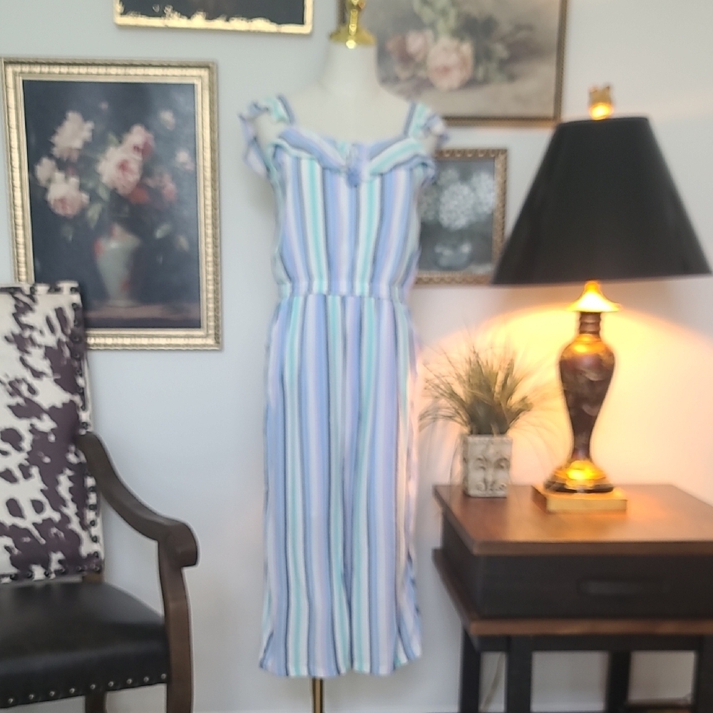 Striped Ruffle Shoulder Romper in Pastel Blue